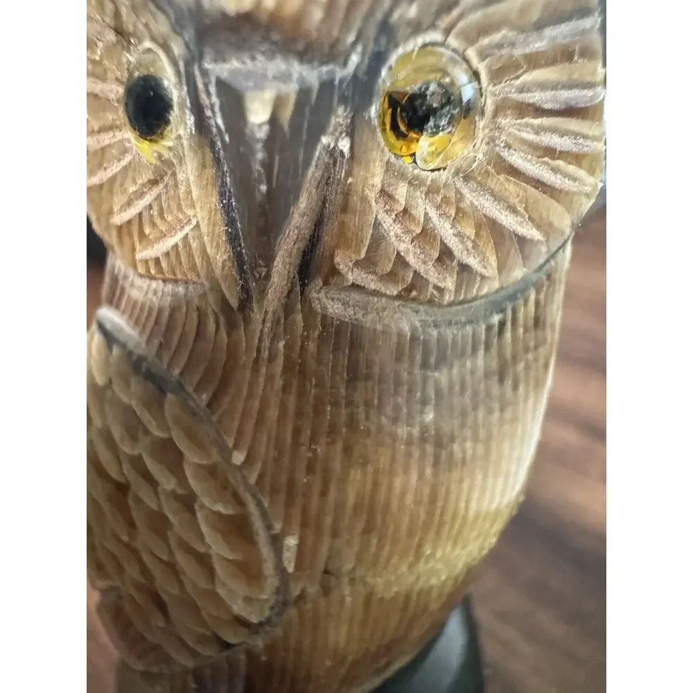 Hand Carved Owl Water Buffalo Horn Bird Figurine Acquired in Italy Gufo Artisan